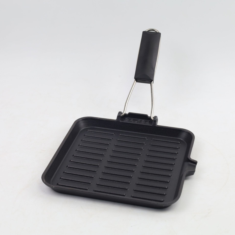 Öntöttvas serpenyő zománcozott felülettel, összecsukható fogantyúval, sík aljzattal, vastagított aljzattal, indukciós főzőfelületekhez