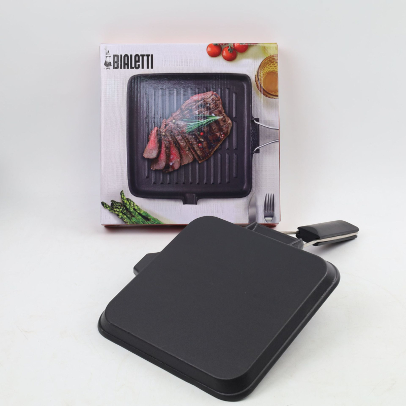 Öntöttvas serpenyő zománcozott felülettel, összecsukható fogantyúval, sík aljzattal, vastagított aljzattal, indukciós főzőfelületekhez