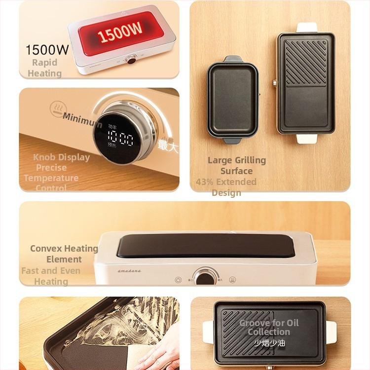 Višenamjenski lonac s integriranom grill pločom i funkcijom hot pot, 1201–1500W, mikroprocesorsko upravljanje, unutarnji tank od aluminijske legure, LCD zaslon s tajmerom i regulacijom temperature, zaštita od sušenja, zamjenjiva posuda za pečenje