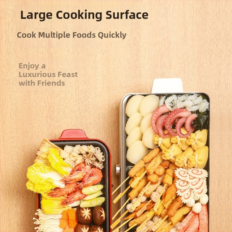 Višenamjenski lonac s integriranom grill pločom i funkcijom hot pot, 1201–1500W, mikroprocesorsko upravljanje, unutarnji tank od aluminijske legure, LCD zaslon s tajmerom i regulacijom temperature, zaštita od sušenja, zamjenjiva posuda za pečenje