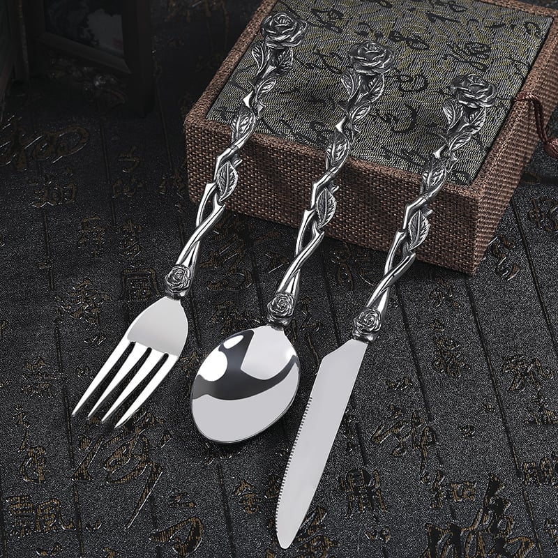 Set pribora od nehrđajućeg čelika, zapadni stil, 3 dijela, ručno izrađeno, prilagodljivo, visoka kvaliteta, lagani luksuz retro stil