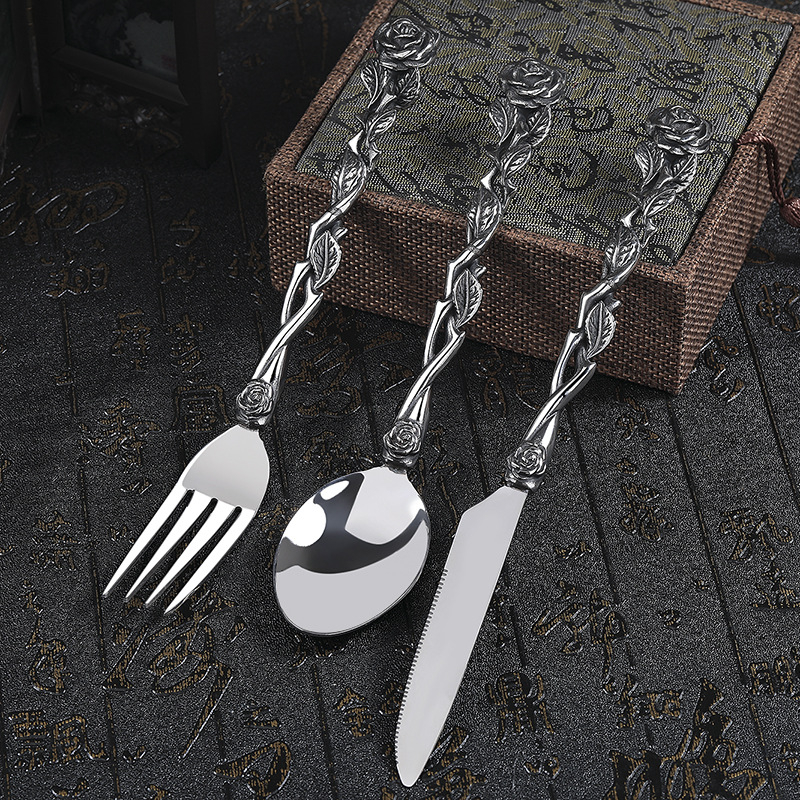 Set pribora od nehrđajućeg čelika, zapadni stil, 3 dijela, ručno izrađeno, prilagodljivo, visoka kvaliteta, lagani luksuz retro stil