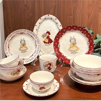 Porcelán tálak és tányérok készlet, cartoon mintával, retro stílus, alglazúros szín, mikrohullámú sütőben használható