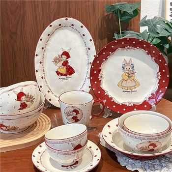 Porcelán tálak és tányérok készlet, cartoon mintával, retro stílus, alglazúros szín, mikrohullámú sütőben használható