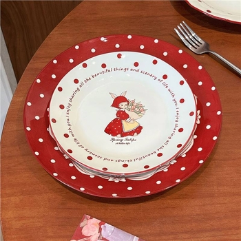 Porcelán tálak és tányérok készlet, cartoon mintával, retro stílus, alglazúros szín, mikrohullámú sütőben használható