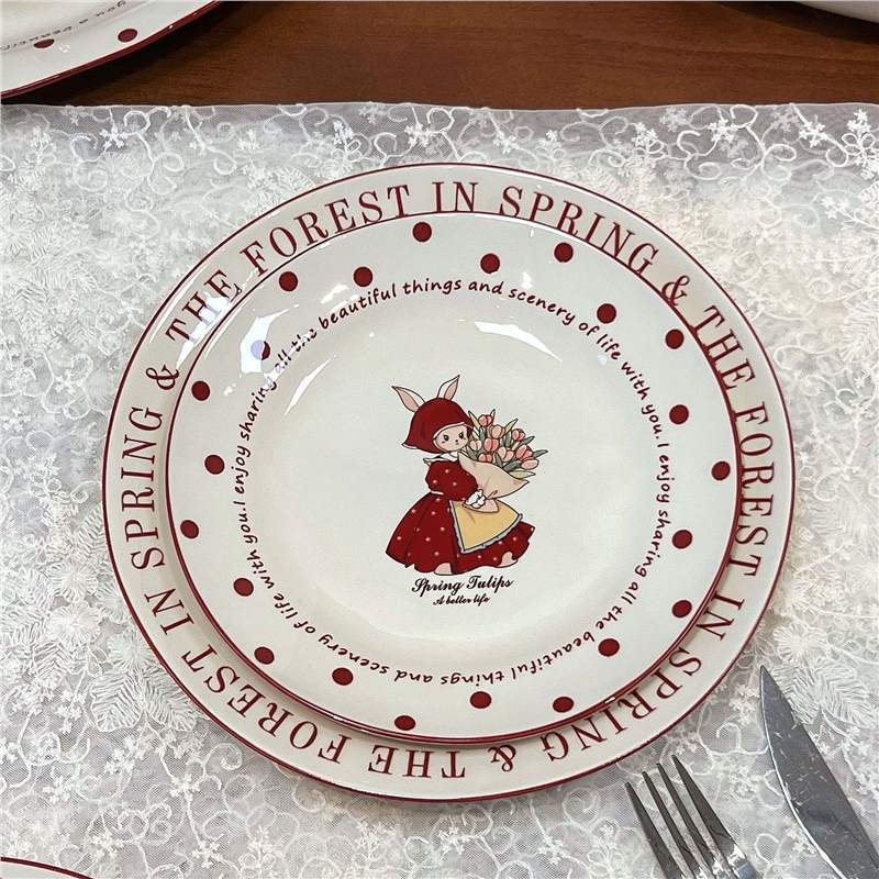 Porcelán tálak és tányérok készlet, cartoon mintával, retro stílus, alglazúros szín, mikrohullámú sütőben használható