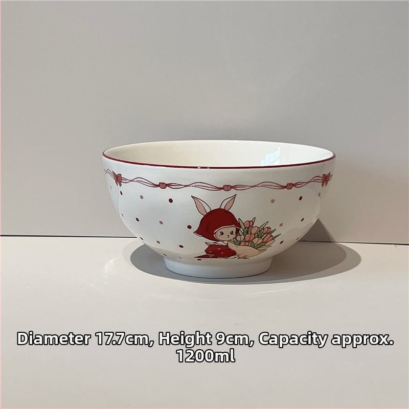 Porcelán tálak és tányérok készlet, cartoon mintával, retro stílus, alglazúros szín, mikrohullámú sütőben használható