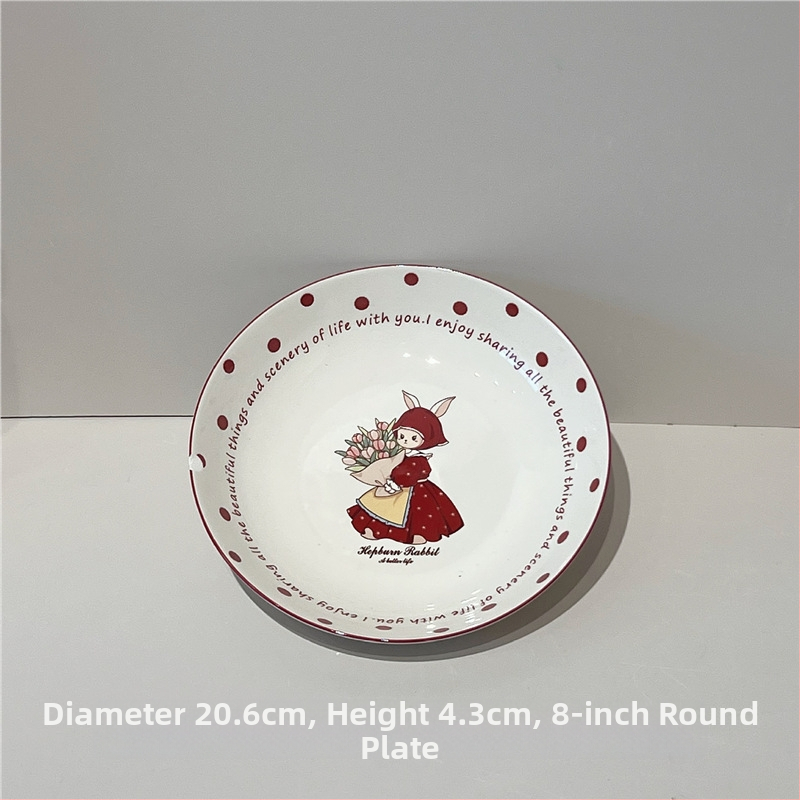 Porcelán tálak és tányérok készlet, cartoon mintával, retro stílus, alglazúros szín, mikrohullámú sütőben használható