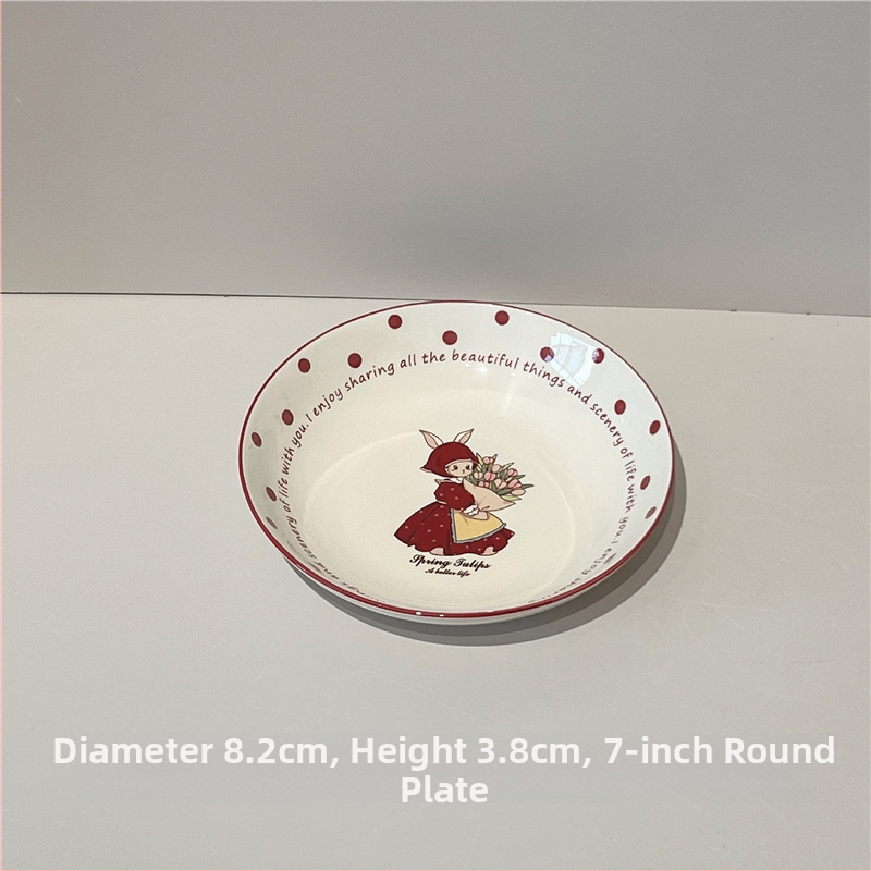 Porcelán tálak és tányérok készlet, cartoon mintával, retro stílus, alglazúros szín, mikrohullámú sütőben használható