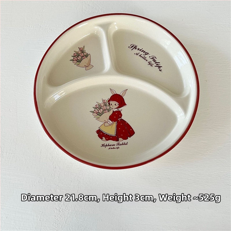 Porcelán tálak és tányérok készlet, cartoon mintával, retro stílus, alglazúros szín, mikrohullámú sütőben használható