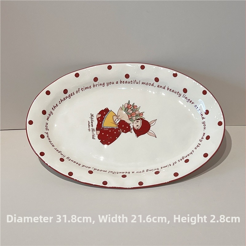 Porcelán tálak és tányérok készlet, cartoon mintával, retro stílus, alglazúros szín, mikrohullámú sütőben használható