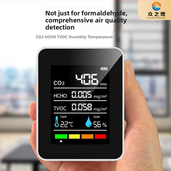 MT05 5 v 1 detektor formaldehydu pre domáce meranie kvality ovzdušia — meria teplotu, vlhkosť, CO2 a formaldehyd, rozsah merania 400–5000 ppm, presnosť 10 ppm, napájanie Type-C