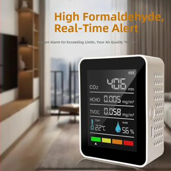 MT05 5 v 1 detektor formaldehydu pre domáce meranie kvality ovzdušia — meria teplotu, vlhkosť, CO2 a formaldehyd, rozsah merania 400–5000 ppm, presnosť 10 ppm, napájanie Type-C