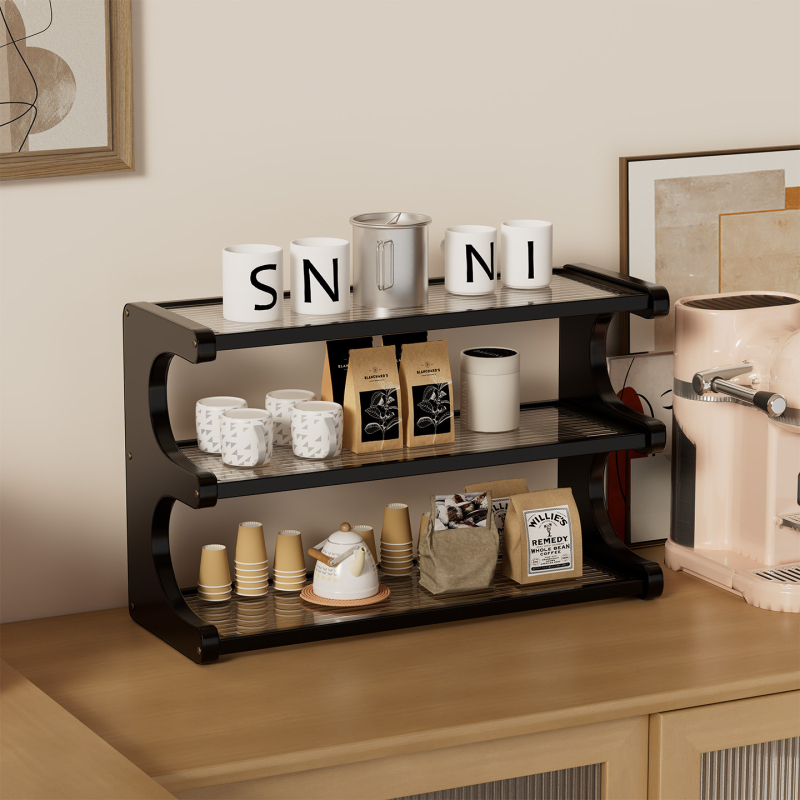 4-szintes asztali rendező polc bambuszból és sűrített lemezből, pohártartó