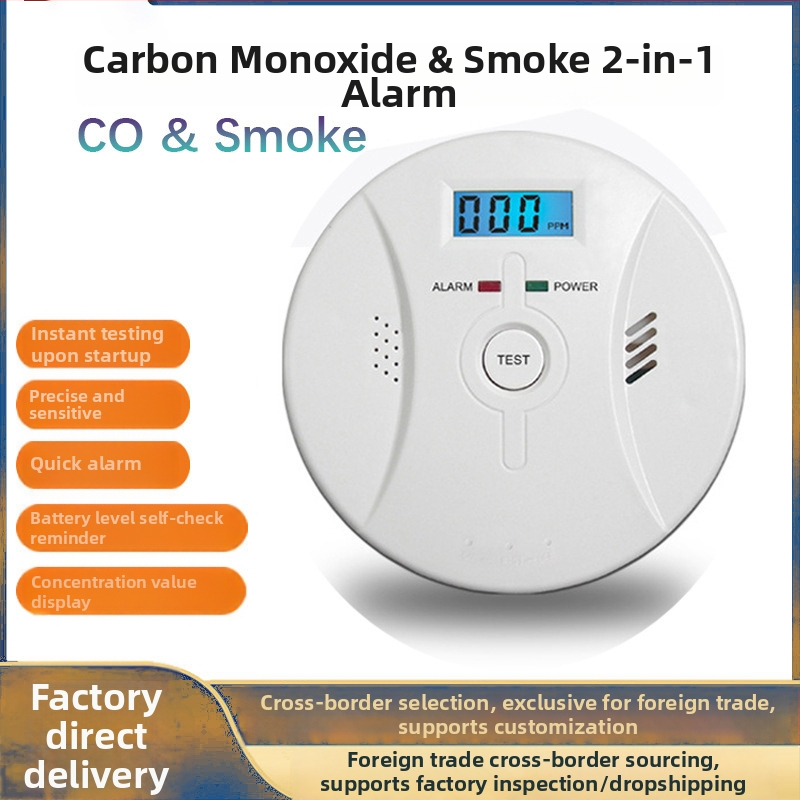 2-v-1 detektor CO a dymu – nástenný, bezdrôtový inteligentný senzor, pokrytie až 30 m², presnosť 99,5%, napájanie DC 9V batériou