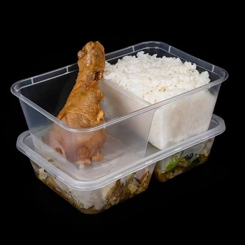 Cutie de prânz de unică folosință, cu două compartimente, din plastic transparent, compatibilă cu cuptorul cu microunde