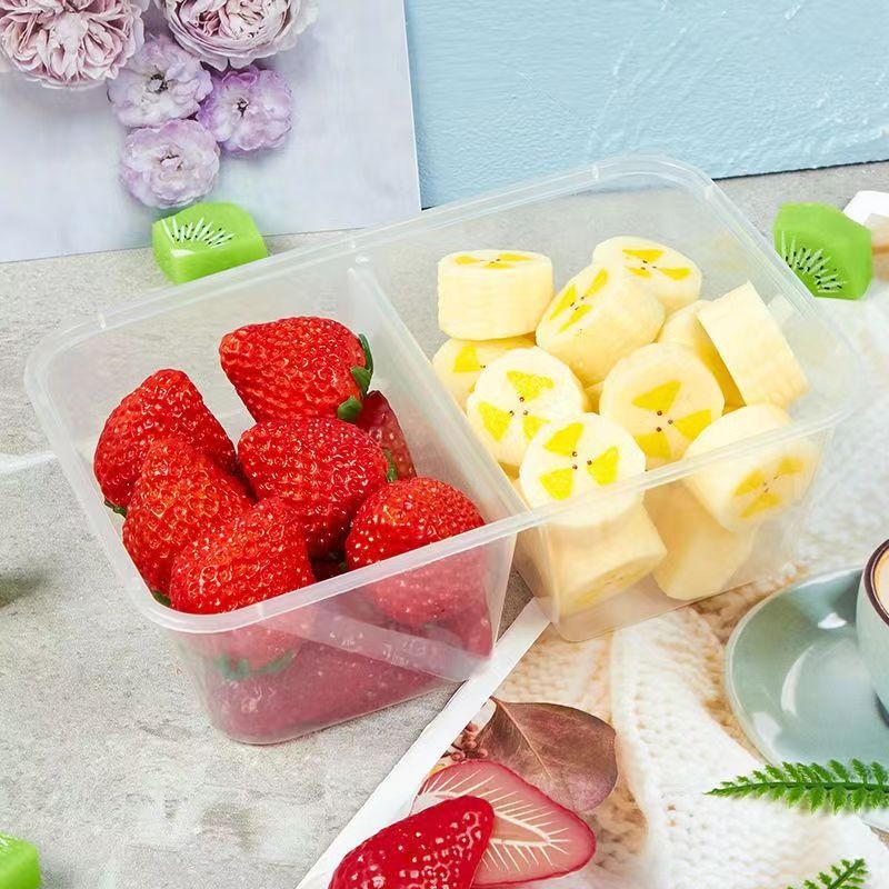 Cutie de prânz de unică folosință, cu două compartimente, din plastic transparent, compatibilă cu cuptorul cu microunde