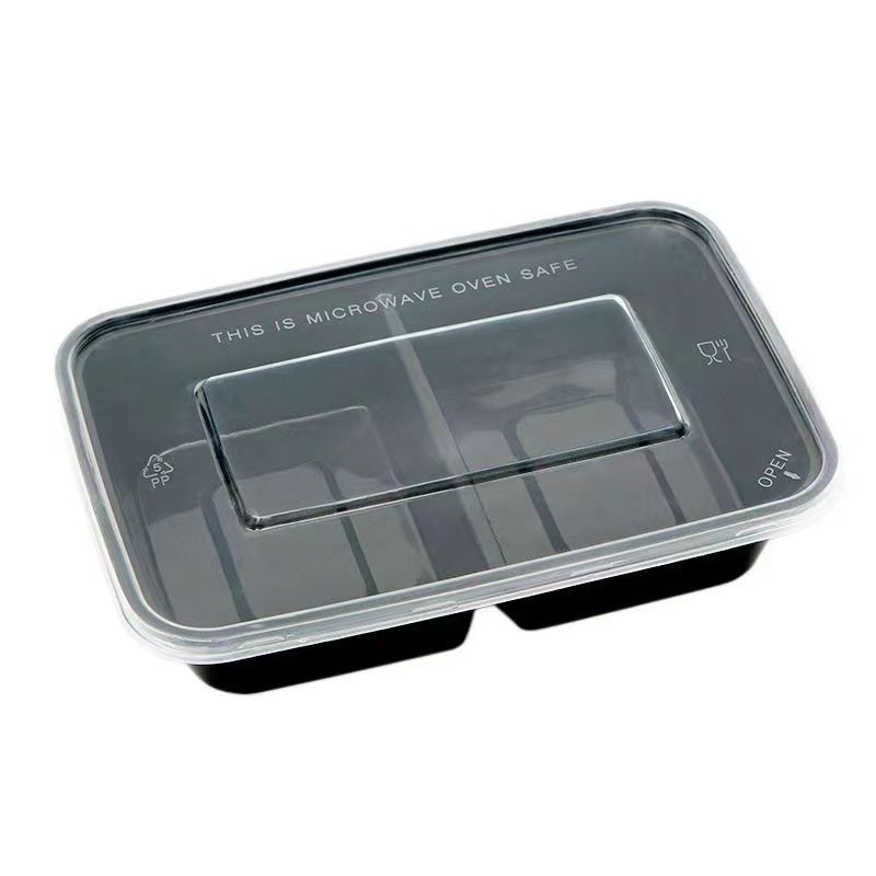 Cutie de prânz de unică folosință, cu două compartimente, din plastic transparent, compatibilă cu cuptorul cu microunde