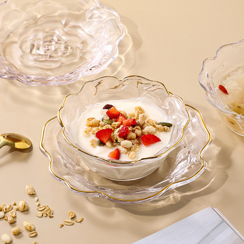 Nino set staklenih zdjelica za desert s cvjetnim uzorkom, moderni jednostavni stil, staklo otporno na toplinu, ispisan logo