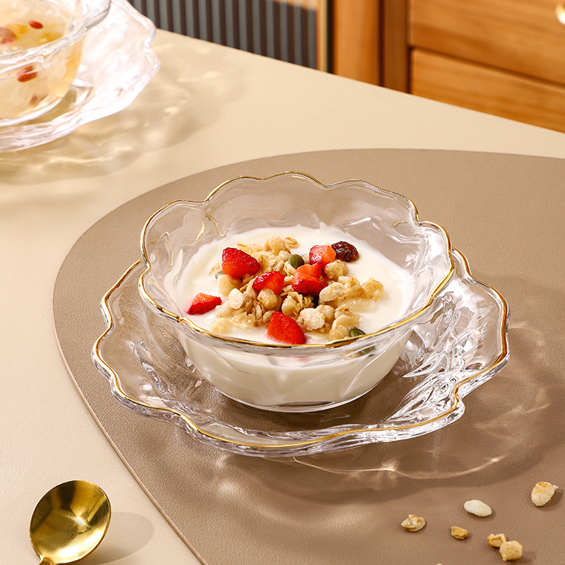 Nino set staklenih zdjelica za desert s cvjetnim uzorkom, moderni jednostavni stil, staklo otporno na toplinu, ispisan logo