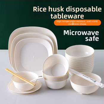 Jednorazový set riadu na báze kukuričného škrobu, s kruhovými miskami, štvorcovými taniermi a malými lyžicami – biologicky rozložiteľné, kapacita 350 ml