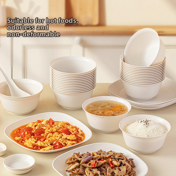 Jednorazový set riadu na báze kukuričného škrobu, s kruhovými miskami, štvorcovými taniermi a malými lyžicami – biologicky rozložiteľné, kapacita 350 ml