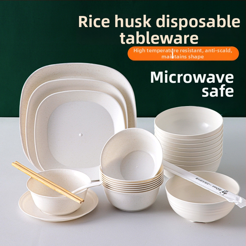 Jednorazový set riadu na báze kukuričného škrobu, s kruhovými miskami, štvorcovými taniermi a malými lyžicami – biologicky rozložiteľné, kapacita 350 ml