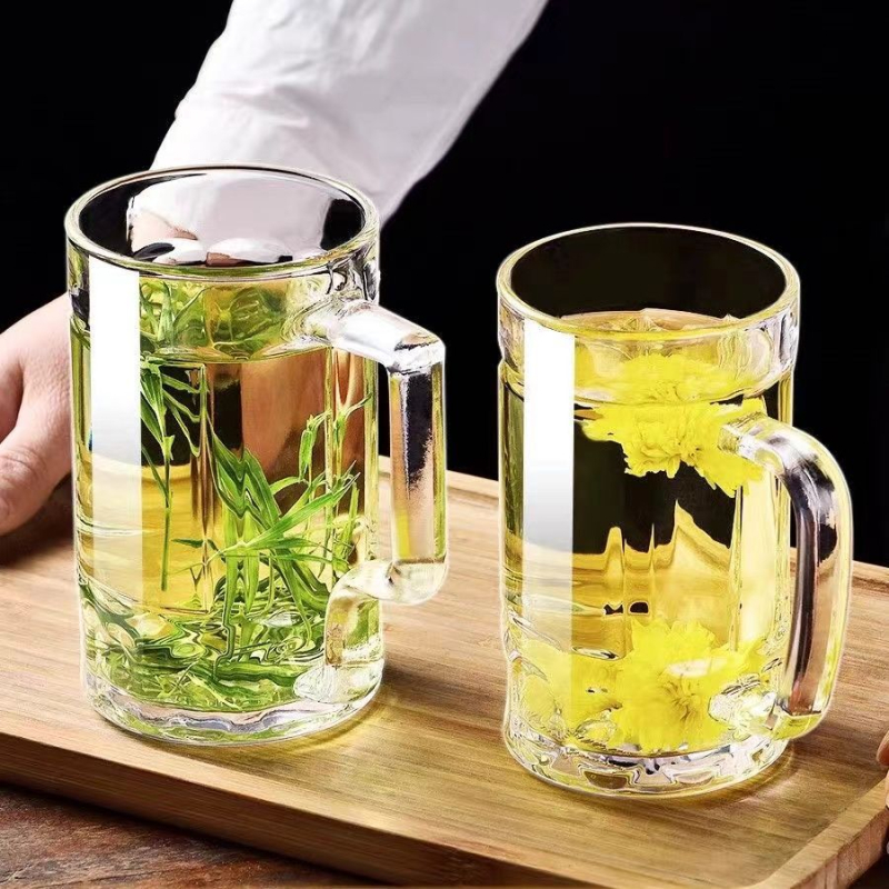 Set čaša od stakla s ručkom za pivo i čaj — soda-lime staklo, jednostavan stil, sa slamkom, prenosno, leden uzorak