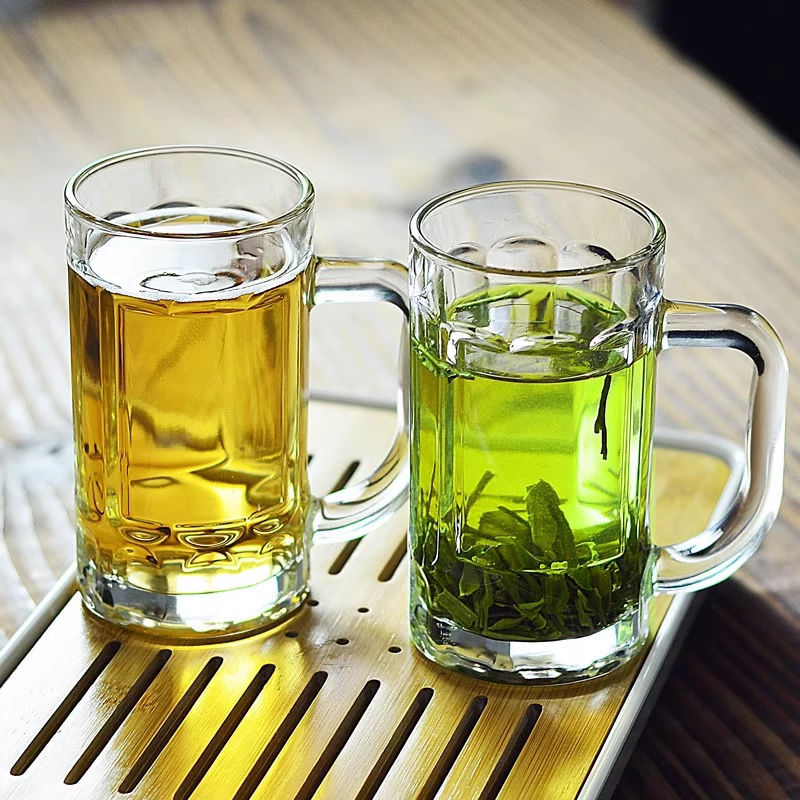 Set čaša od stakla s ručkom za pivo i čaj — soda-lime staklo, jednostavan stil, sa slamkom, prenosno, leden uzorak