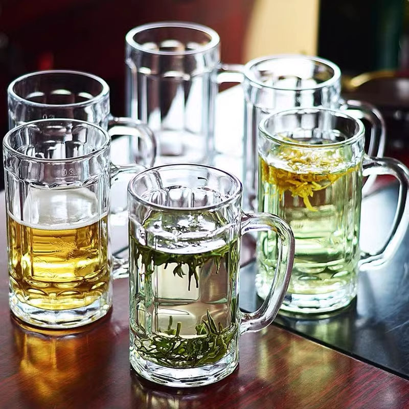 Set čaša od stakla s ručkom za pivo i čaj — soda-lime staklo, jednostavan stil, sa slamkom, prenosno, leden uzorak