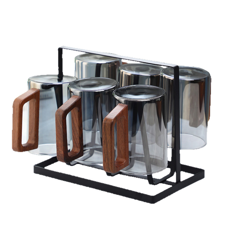 Ceașcă de ceai din sticlă cu mâner din lemn - sticlă borosilicat, rezistentă la temperaturi, cilindrică, set de pahare de apă