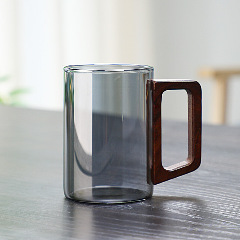 Ceașcă de ceai din sticlă cu mâner din lemn - sticlă borosilicat, rezistentă la temperaturi, cilindrică, set de pahare de apă