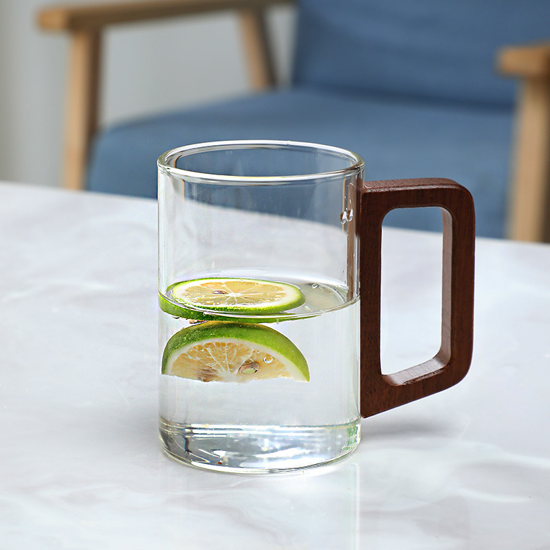 Ceașcă de ceai din sticlă cu mâner din lemn - sticlă borosilicat, rezistentă la temperaturi, cilindrică, set de pahare de apă