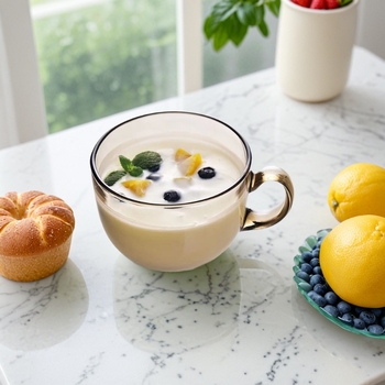 Pahar din sticlă pentru terci de ovăz cu capac și lingură, cu mâner, capacitate mare