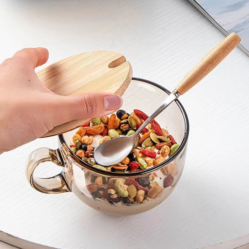 Pahar din sticlă pentru terci de ovăz cu capac și lingură, cu mâner, capacitate mare