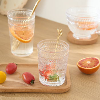 Pahar din sticlă cu design embosat de floarea-soarelui, cilindric, fără mâner, rezistent la temperaturi înalte