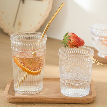 Pahar din sticlă cu design embosat de floarea-soarelui, cilindric, fără mâner, rezistent la temperaturi înalte