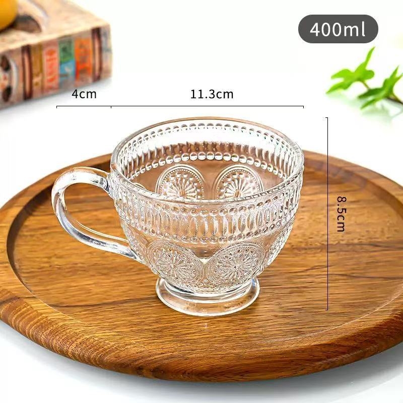 Pahar din sticlă cu design embosat de floarea-soarelui, cilindric, fără mâner, rezistent la temperaturi înalte