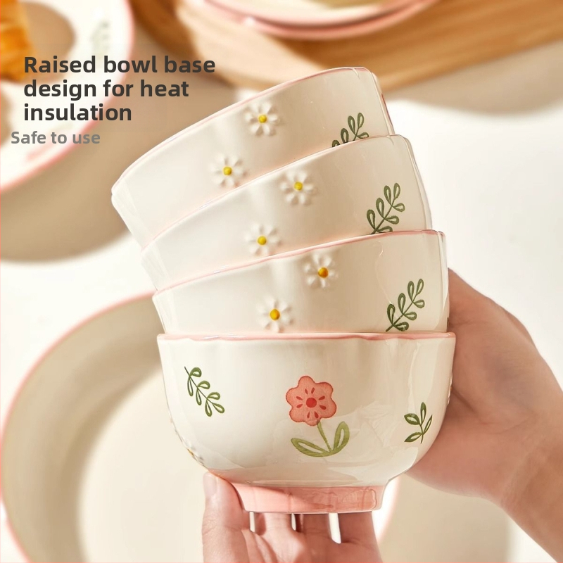 Kerámia tányérkészlet alul-glazúros virág mintával, kör alakú, mikróhullámú sütőben használható