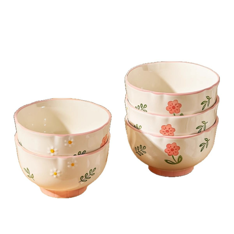 Kerámia tányérkészlet alul-glazúros virág mintával, kör alakú, mikróhullámú sütőben használható