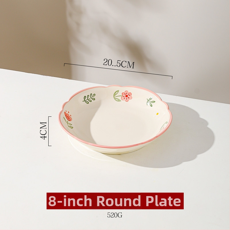 Kerámia tányérkészlet alul-glazúros virág mintával, kör alakú, mikróhullámú sütőben használható