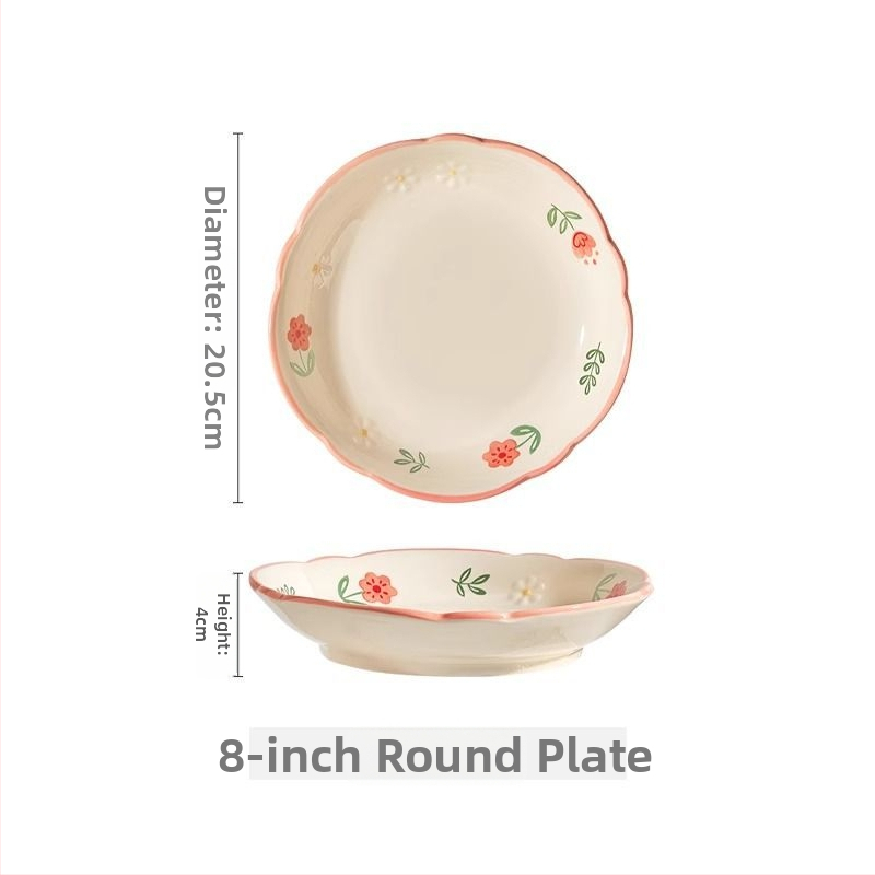 Kerámia tányérkészlet alul-glazúros virág mintával, kör alakú, mikróhullámú sütőben használható