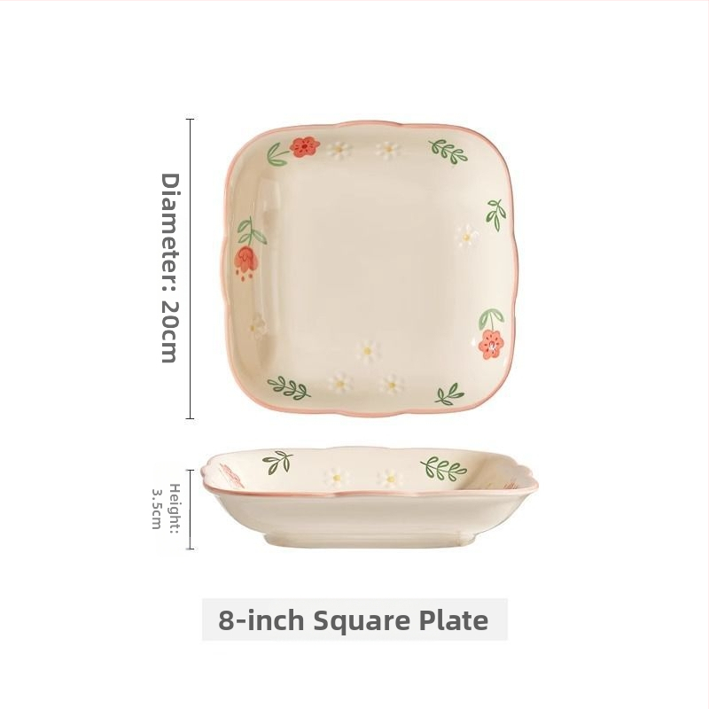 Kerámia tányérkészlet alul-glazúros virág mintával, kör alakú, mikróhullámú sütőben használható