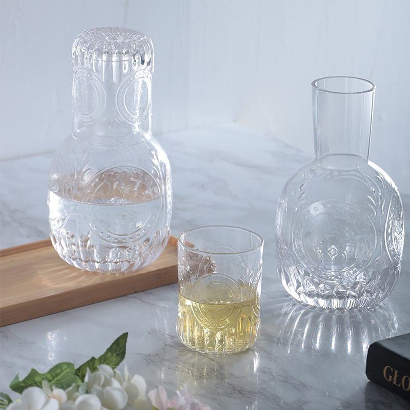 Σετ κανάτας κρύου νερού με ανάγλυφο ηλίανθο και ποτήρια, γυάλινα ποτήρια για χυμούς και ροφήματα, υφή σφυρηλάτησης