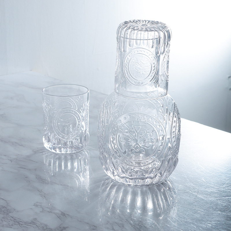 Σετ κανάτας κρύου νερού με ανάγλυφο ηλίανθο και ποτήρια, γυάλινα ποτήρια για χυμούς και ροφήματα, υφή σφυρηλάτησης