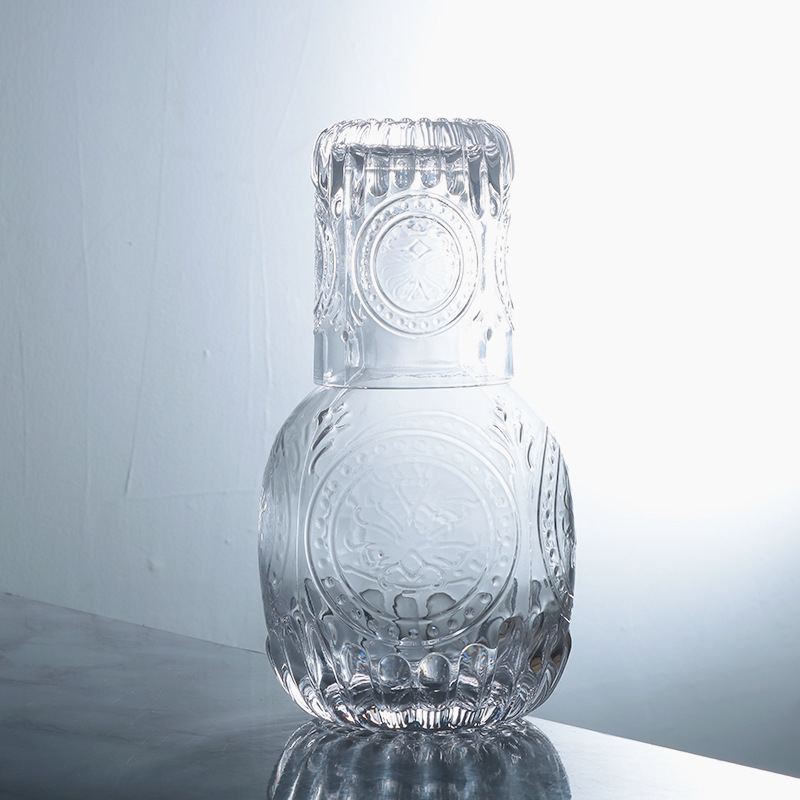 Σετ κανάτας κρύου νερού με ανάγλυφο ηλίανθο και ποτήρια, γυάλινα ποτήρια για χυμούς και ροφήματα, υφή σφυρηλάτησης