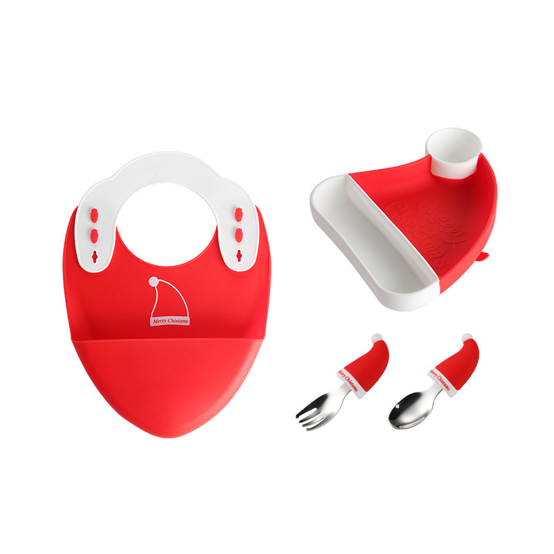 Set din silicon pentru hrănire bebeluși: farfurie de masă cu furculiță și lingură integrate, 5 piese, stil desen animat drăguț, potrivit de la 6 luni