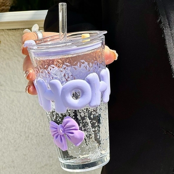 Cupe Sippy în stil INS cu pai, sticlă soda-lime, formă rotundă, model desene animate, protecție împotriva arsurilor și izolație termică