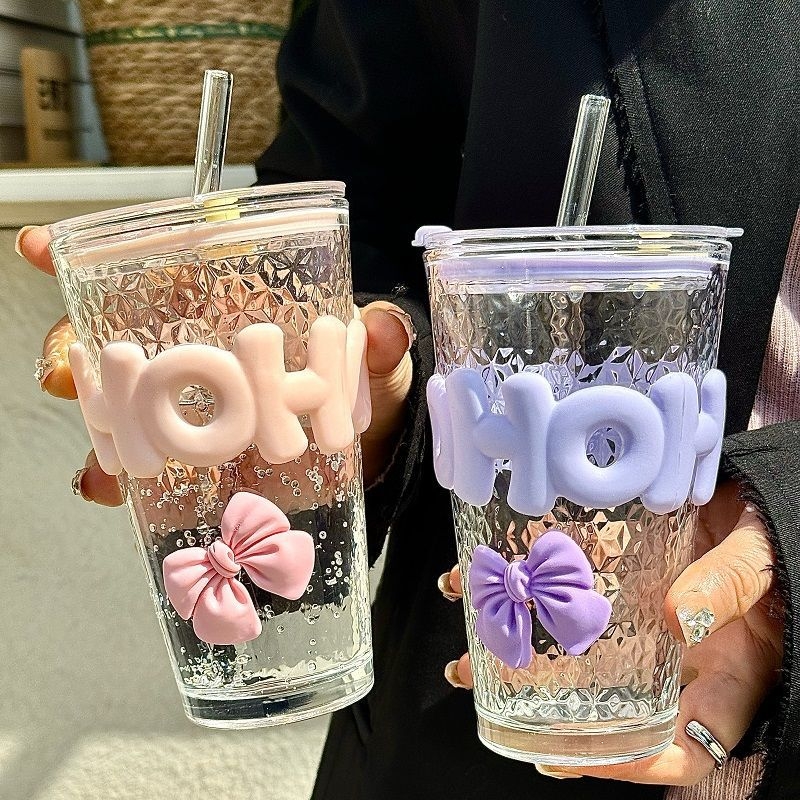 Cupe Sippy în stil INS cu pai, sticlă soda-lime, formă rotundă, model desene animate, protecție împotriva arsurilor și izolație termică