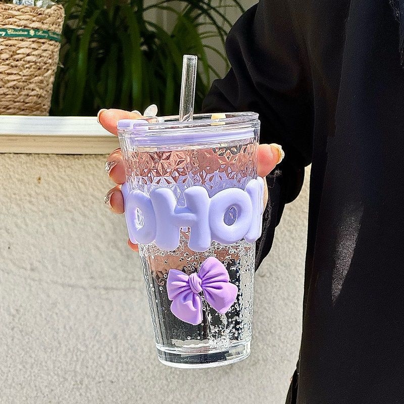 Cupe Sippy în stil INS cu pai, sticlă soda-lime, formă rotundă, model desene animate, protecție împotriva arsurilor și izolație termică